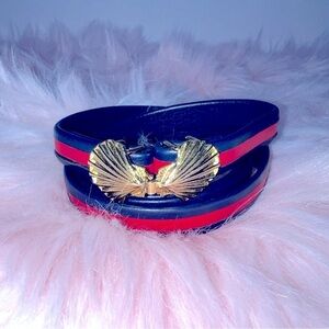 VINTAGE 70’s Brass Shell Navy Red Skinny Belt 33” Women’s
